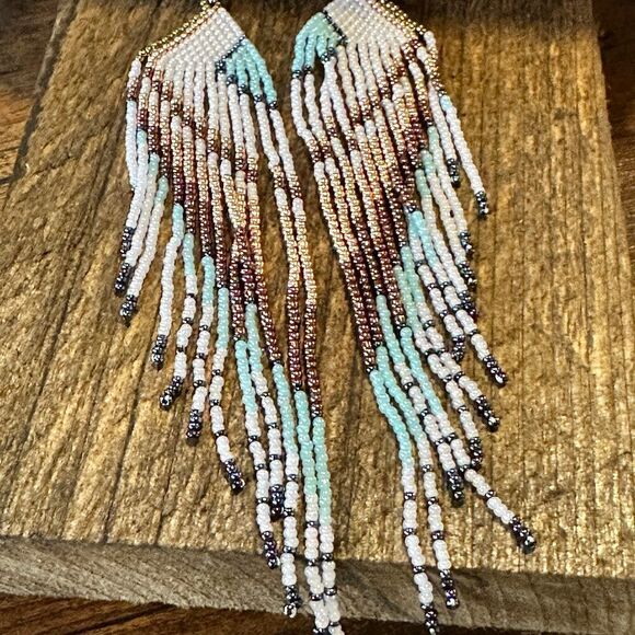 Boho Native American Navajo Seed Bead Dangle Wire Earrings, Turquoise Stone, Gi - Picture 1 of 11